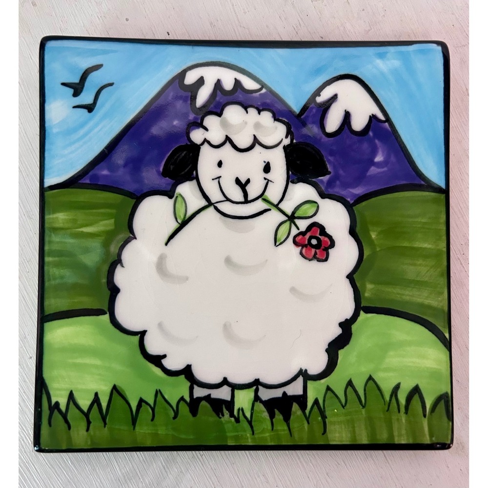 Studio Ceramics New Zealand Sheep Mountain Scene Square Pottery Plate 4.75"
